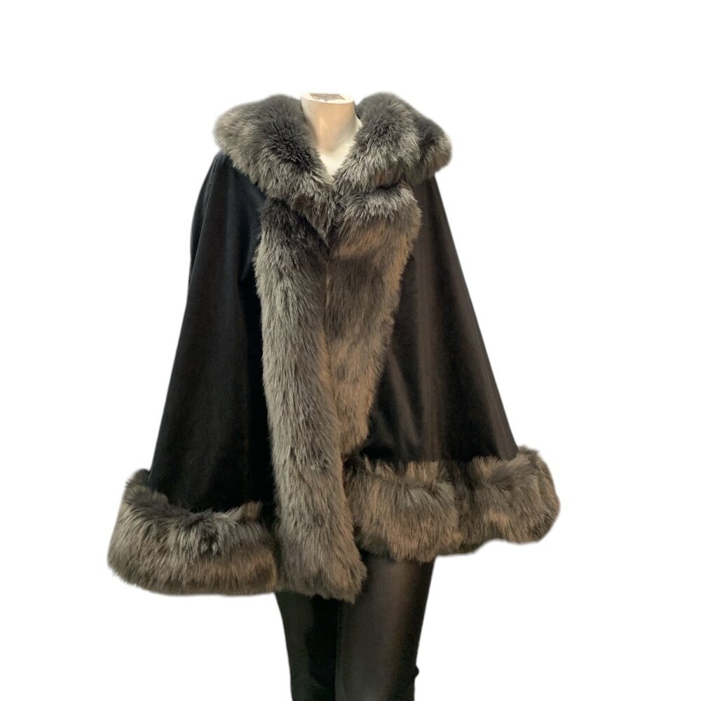 Black Cape Poncho with Gray Faux Fur Trim
